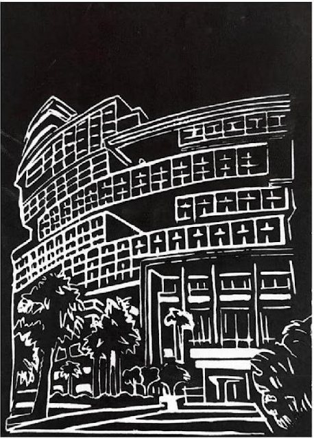 Black and white linocut print of the hotel