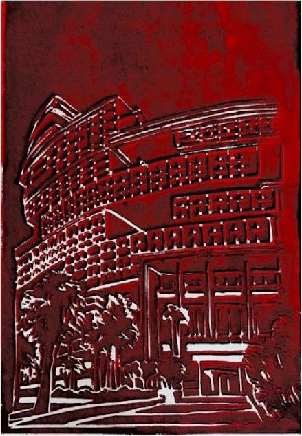 Red linocut print of the hotel