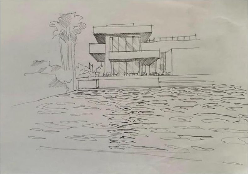 Pen drawing of the pavilion over water