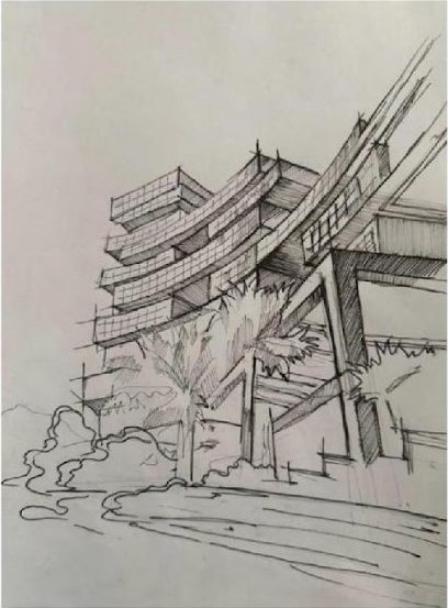 Pen drawing of the stacked facade