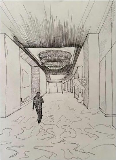 Pen drawing of a corridor with chandelier