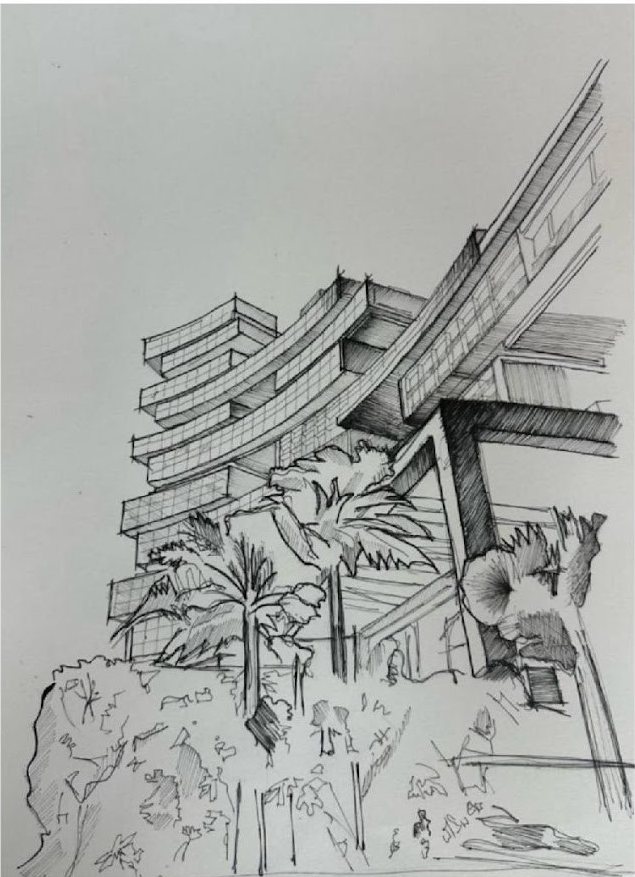 Detailed pen drawing of The Royal Atlantis with palms