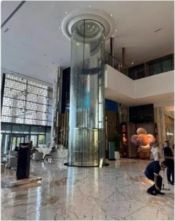 Glass column in the lobby