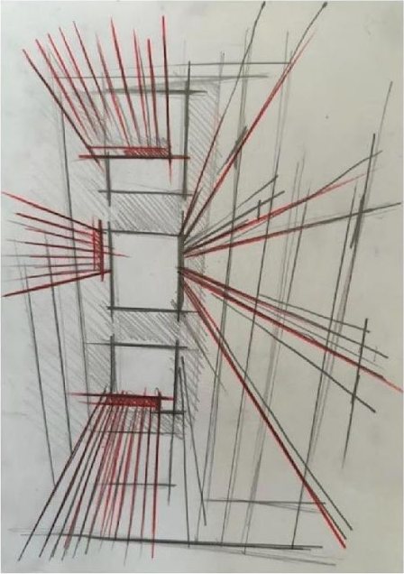 Perspective construction sketch with red lines