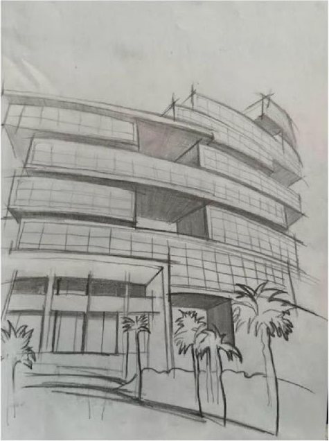 Pencil sketch of the facade with palms