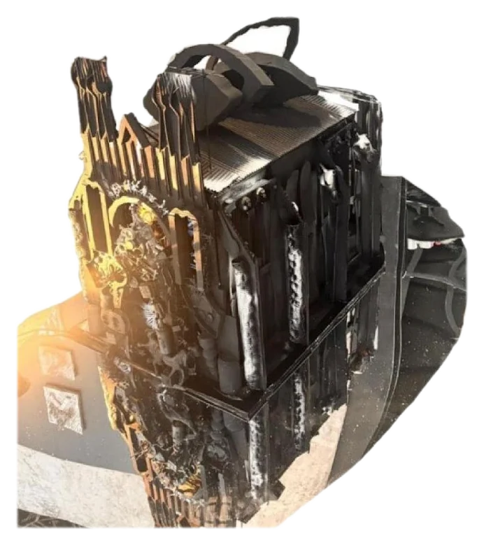 Black-painted cathedral model in sunlight