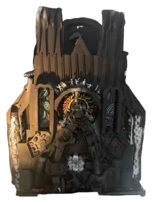 Black-painted cathedral facade with rose window