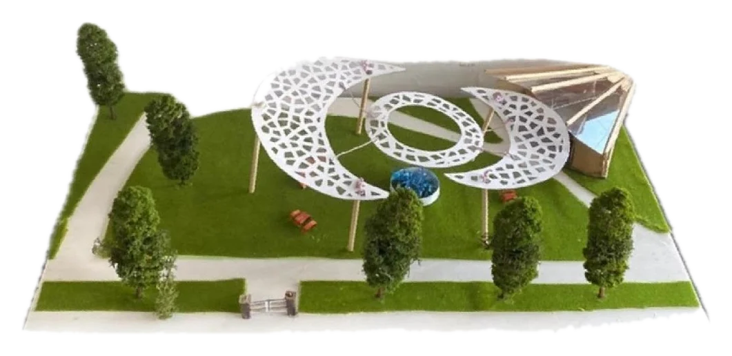 Landscape model in perspective with trees and café