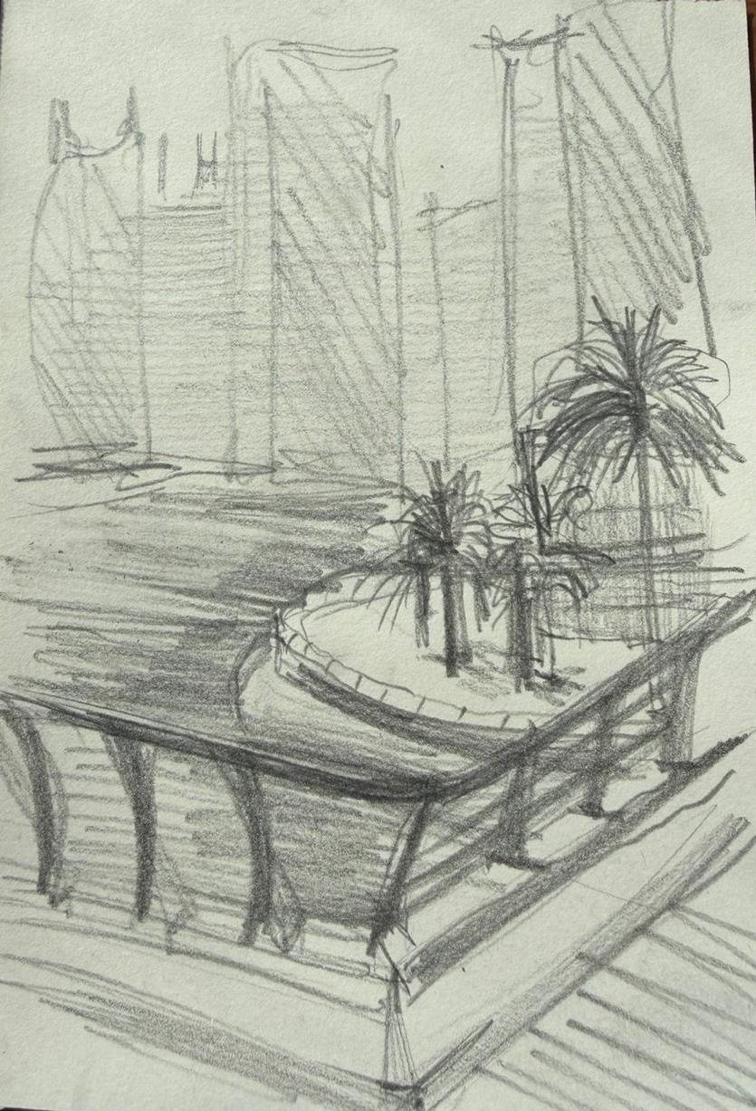 Pencil sketch of a tree by a railing