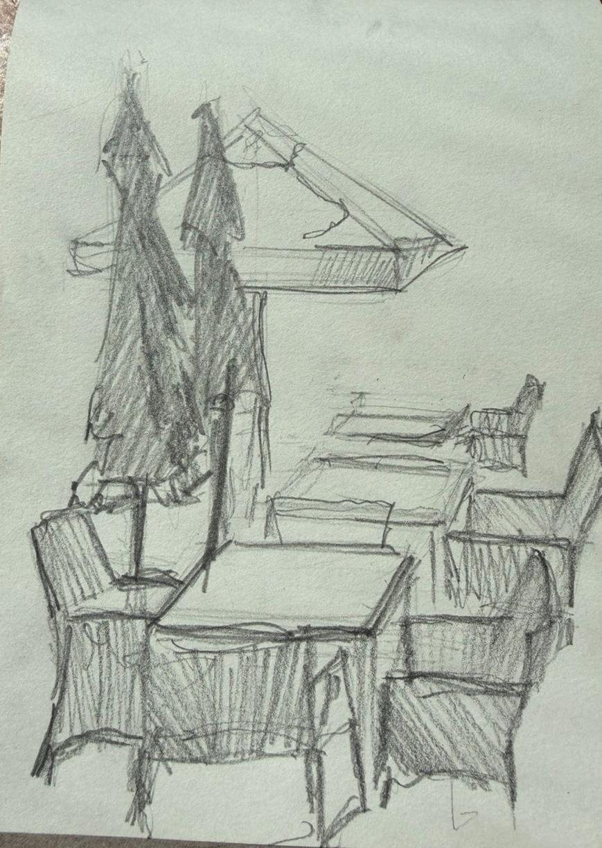 Pencil sketch of café tables and parasols