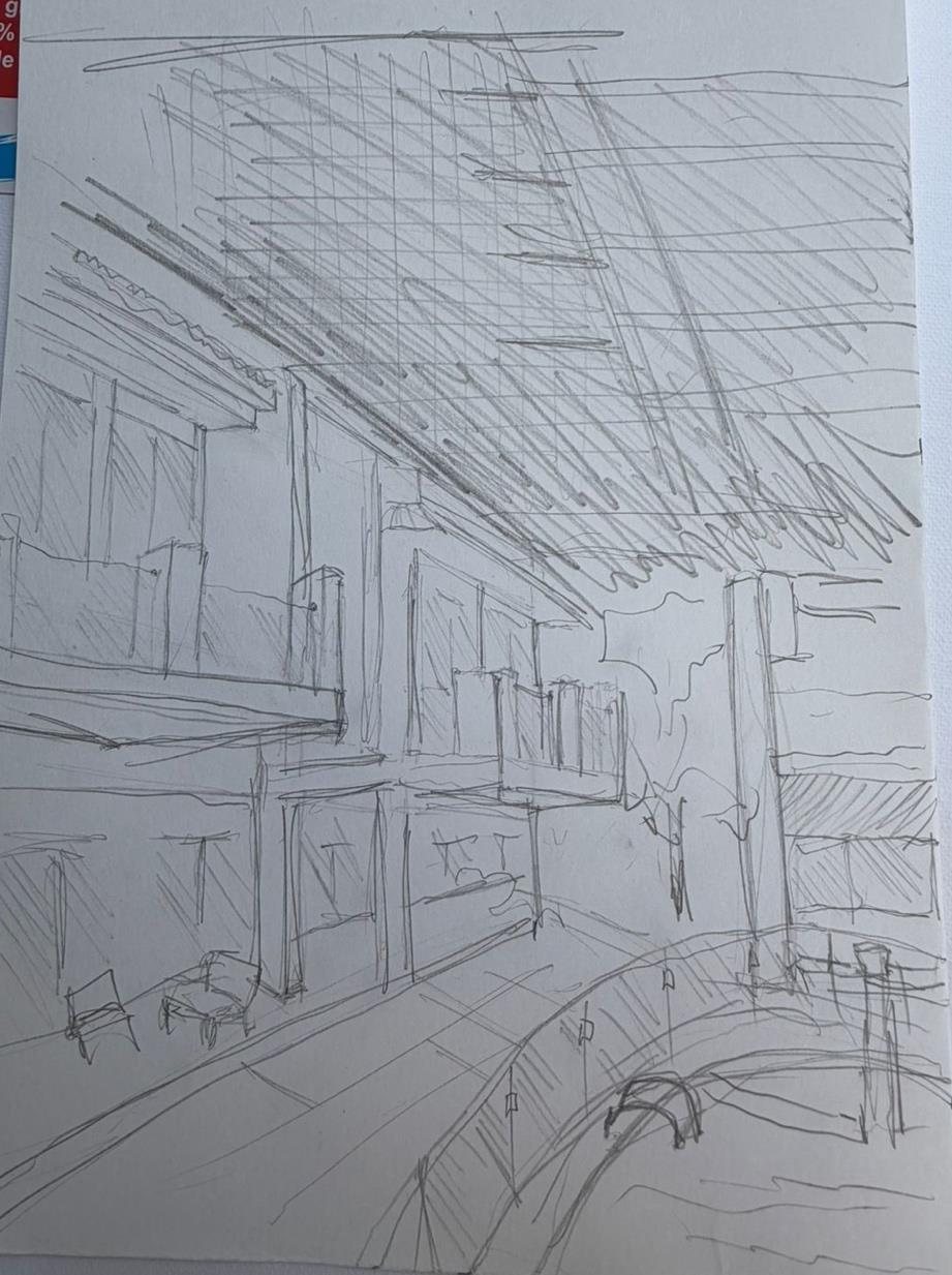 Detailed pencil drawing of a skyline seen through a window