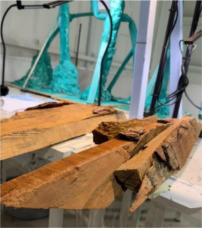 Weathered wood boards on a workbench