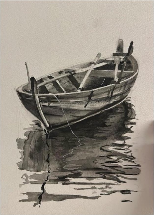 Monochrome rowing boat and reflection