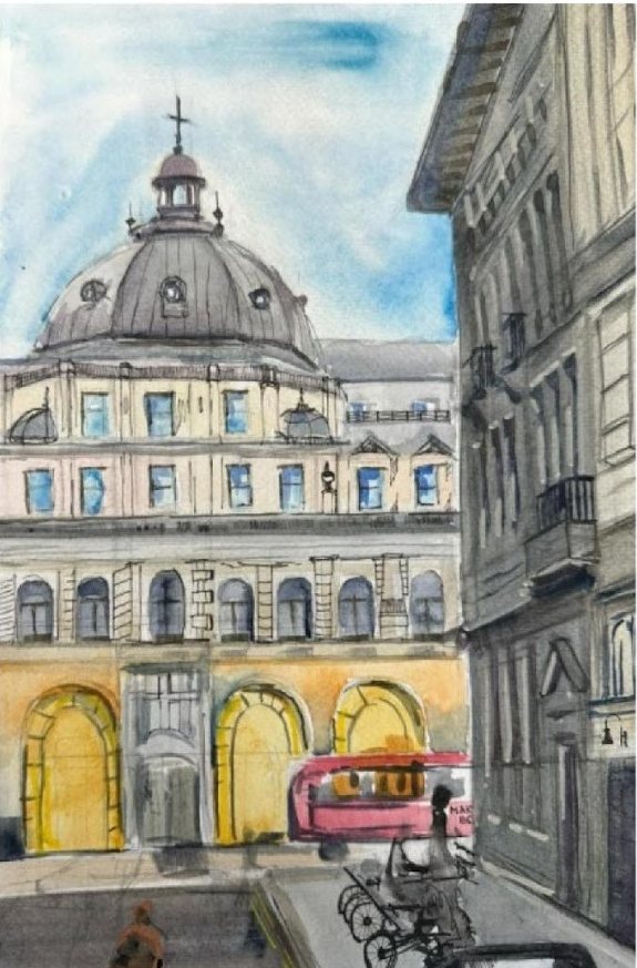 Watercolor of a domed London building with arches