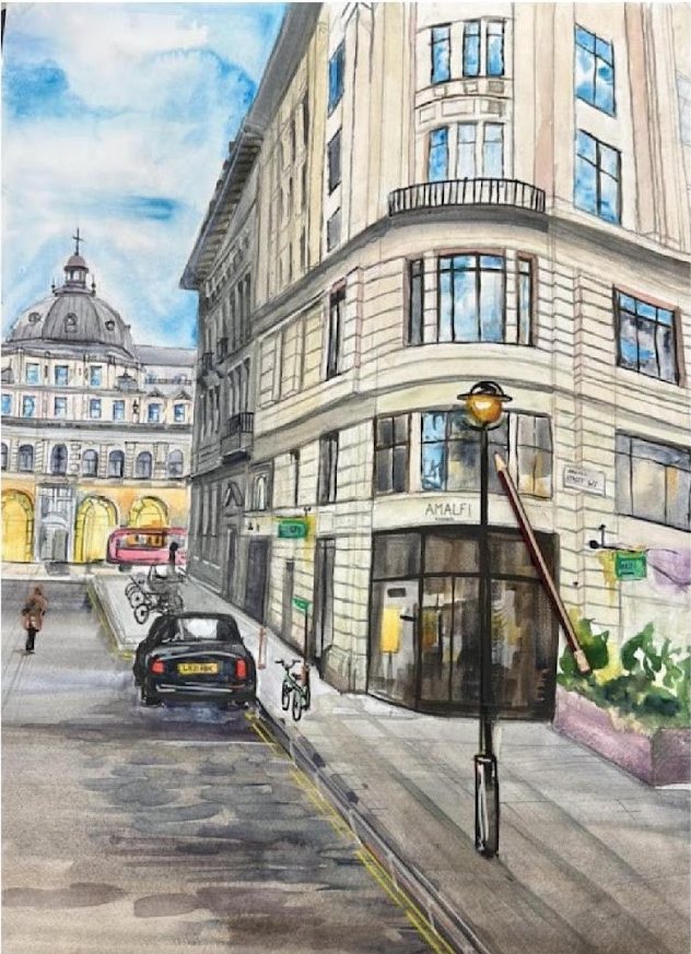 Watercolor of a London street corner