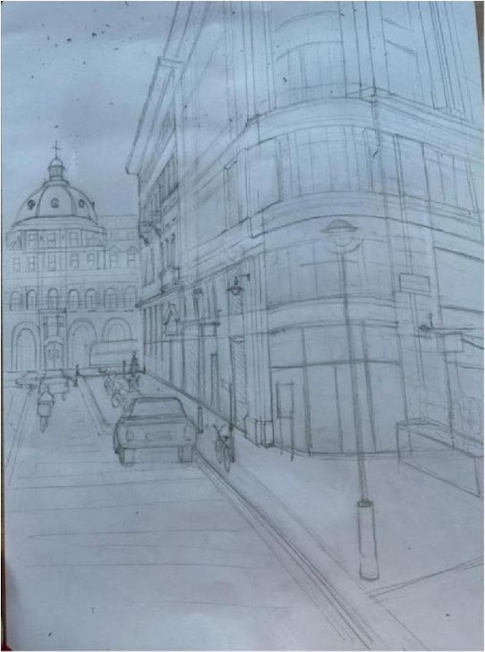 Preliminary pencil sketch of the street