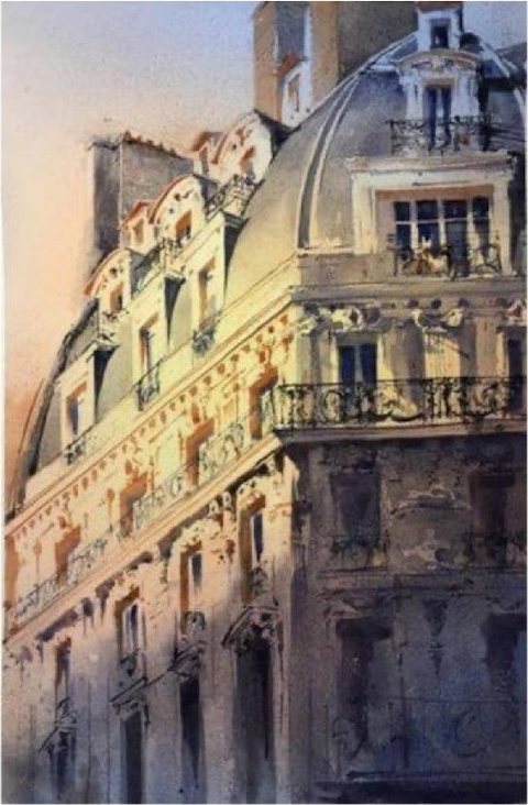 Watercolor of a Parisian building by Alex Hillurtz