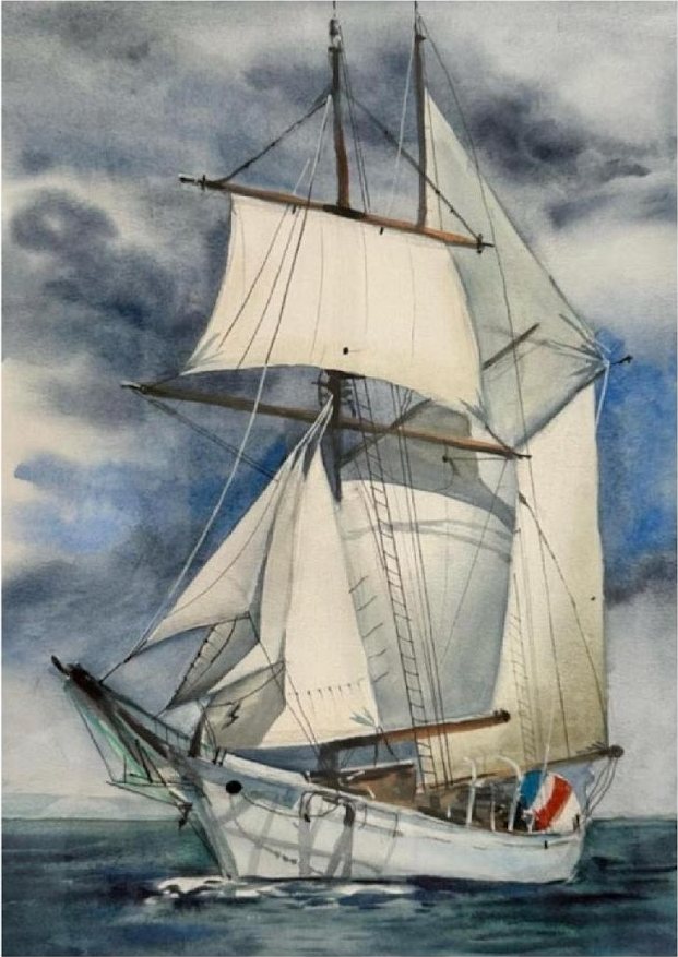 Tall ship under grey sky